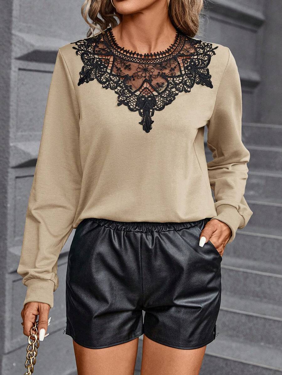 SHEIN Clasi Chèn ren Guipure Áo nỉ - Lạc đà - Xem 1