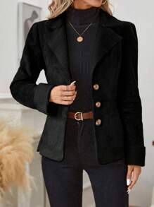 SHEIN Clasi Women's Suede Single-breasted Coat - Black - View 6