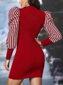 SHEIN Clasi 女士犬牙紋紋理長袖連衣裙,不包含腰帶 - 紅白色 - 查看 2