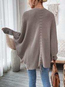 SHEIN Essnce 寬鬆蝙蝠袖開襟針織衫 - 卡其色 - 查看 4