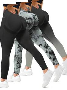 Easithlete 女裝水洗染3入無縫緊身瑜伽褲套裝,健身緊身褲 - 彩色 - 查看 1
