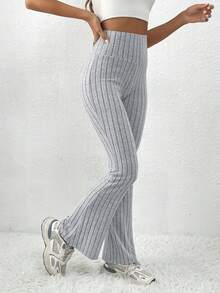 SHEIN Frenchy 女士寬鬆腰部條紋針織寬腿褲 - 灰色 - 查看 4