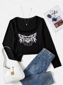 SHEIN EZwear 女士黑色針織大碼t恤 - 黑色 - 查看 1