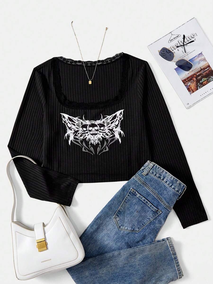 SHEIN EZwear 女士黑色針織大碼t恤 - 黑色 - 查看 1