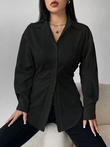 SHEIN Unity Solid Color Side Pleated Shirt - Black - View 5