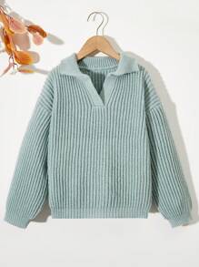 SHEIN Cô gái Tween Cổ áo Polo Áo len - Màu xanh Bạc hà - Xem 1