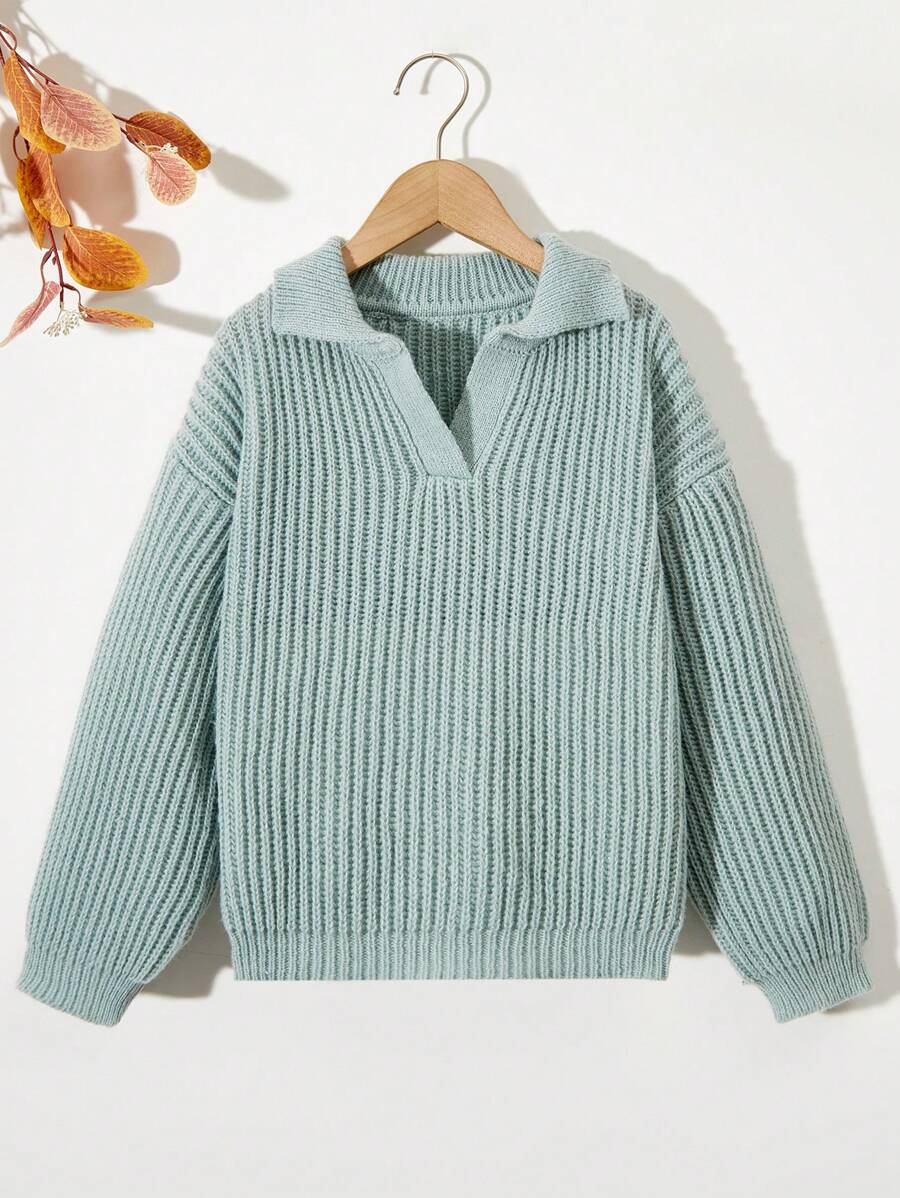 SHEIN Cô gái Tween Cổ áo Polo Áo len - Màu xanh Bạc hà - Xem 1
