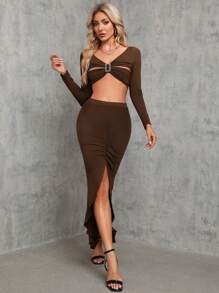 SHEIN Tall 鑽石扣細節短上衣和褶皺不對稱襬裙 - 淡紫色 - 查看 6