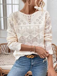 SHEIN Clasi Women'S Hollow Out Knitted Drop Shoulder Sweater - Beige - View 1