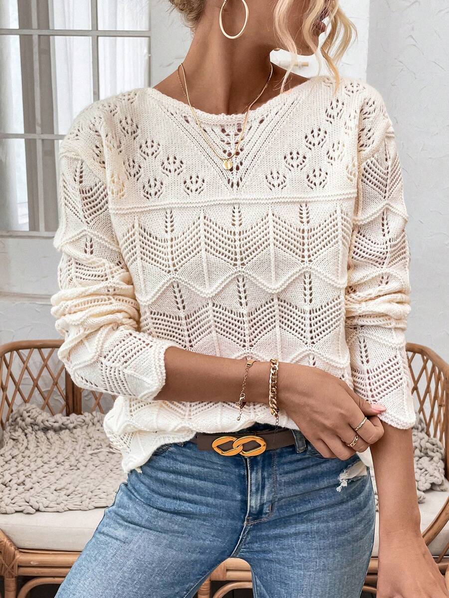 SHEIN Clasi Women'S Hollow Out Knitted Drop Shoulder Sweater - Beige - View 1