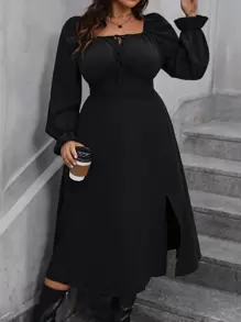 Calvaya Vestido de talla grande con trabilla cruzada delantera y abertura alta - Negro - Ver 1