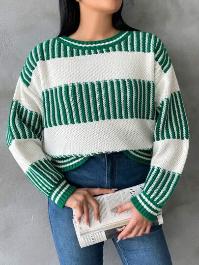 EURMUSE Plus Striped Pattern Drop Shoulder Sweater