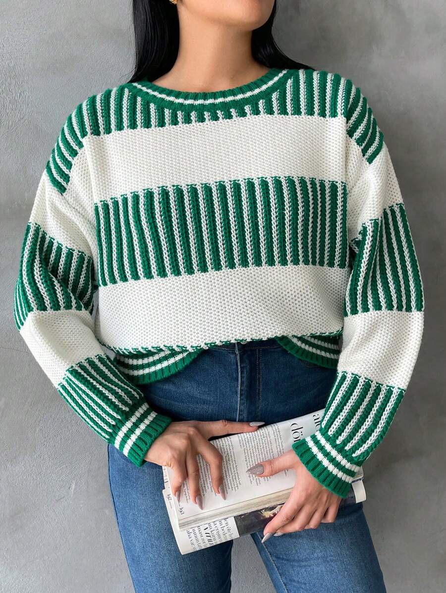 SHEIN Cottnline Plus Striped Pattern Drop Shoulder Sweater - Green - View 1