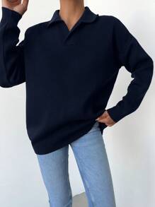 EURMUSE Solid Drop Shoulder Sweater - Navy Blue - View 5