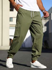 Manfinity Homme Men's Drawstring Waist Cargo Pants With Pockets - Army Green - View 3