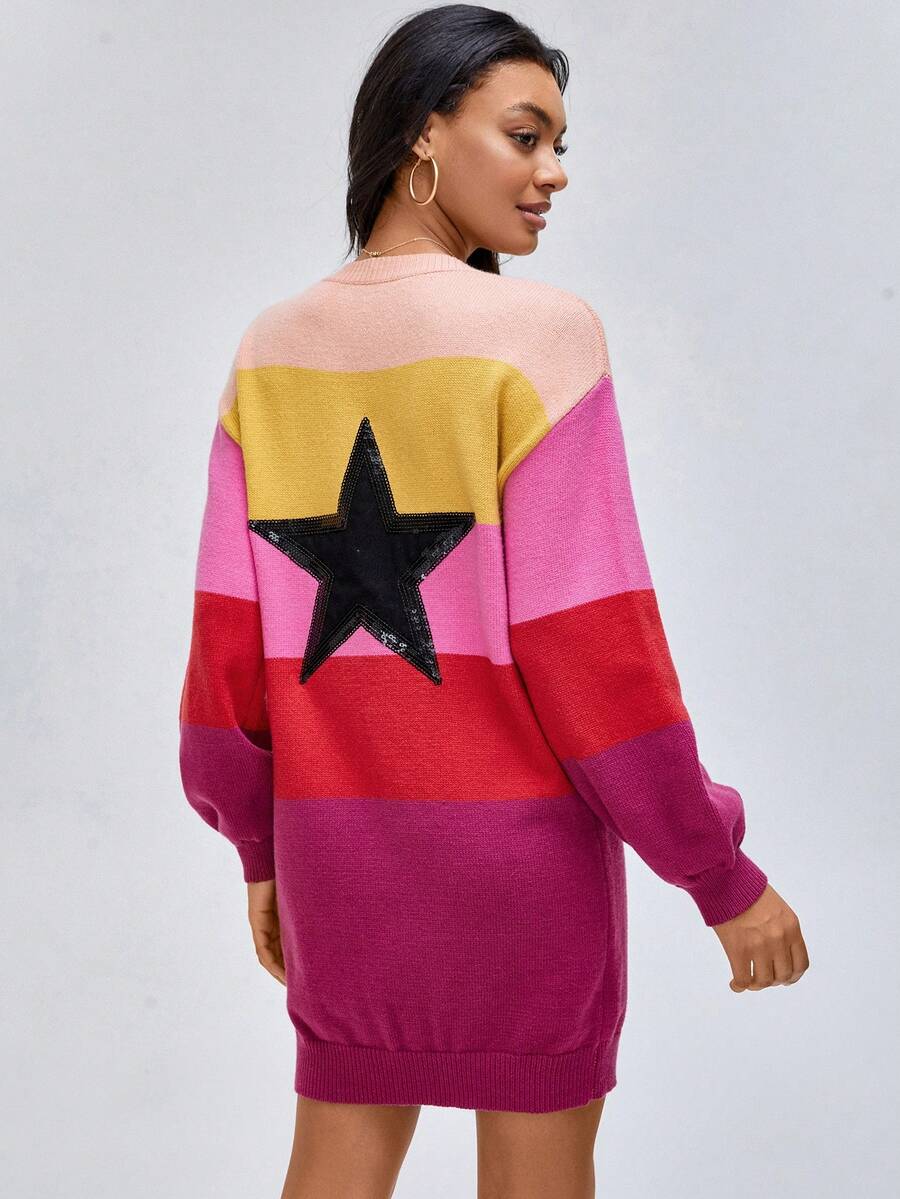 ISELACOS 顏色塊下肩毛衣連身裙 - 彩色 - 查看 1