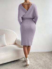 SHEIN Clasi 交叉領口蝙蝠袖毛衣連衣裙 - 紫色 - 查看 2