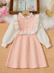 SHEIN 女童半高领撞色灯笼袖荷叶边毛衣连衣裙 - 粉色 - 查看 1