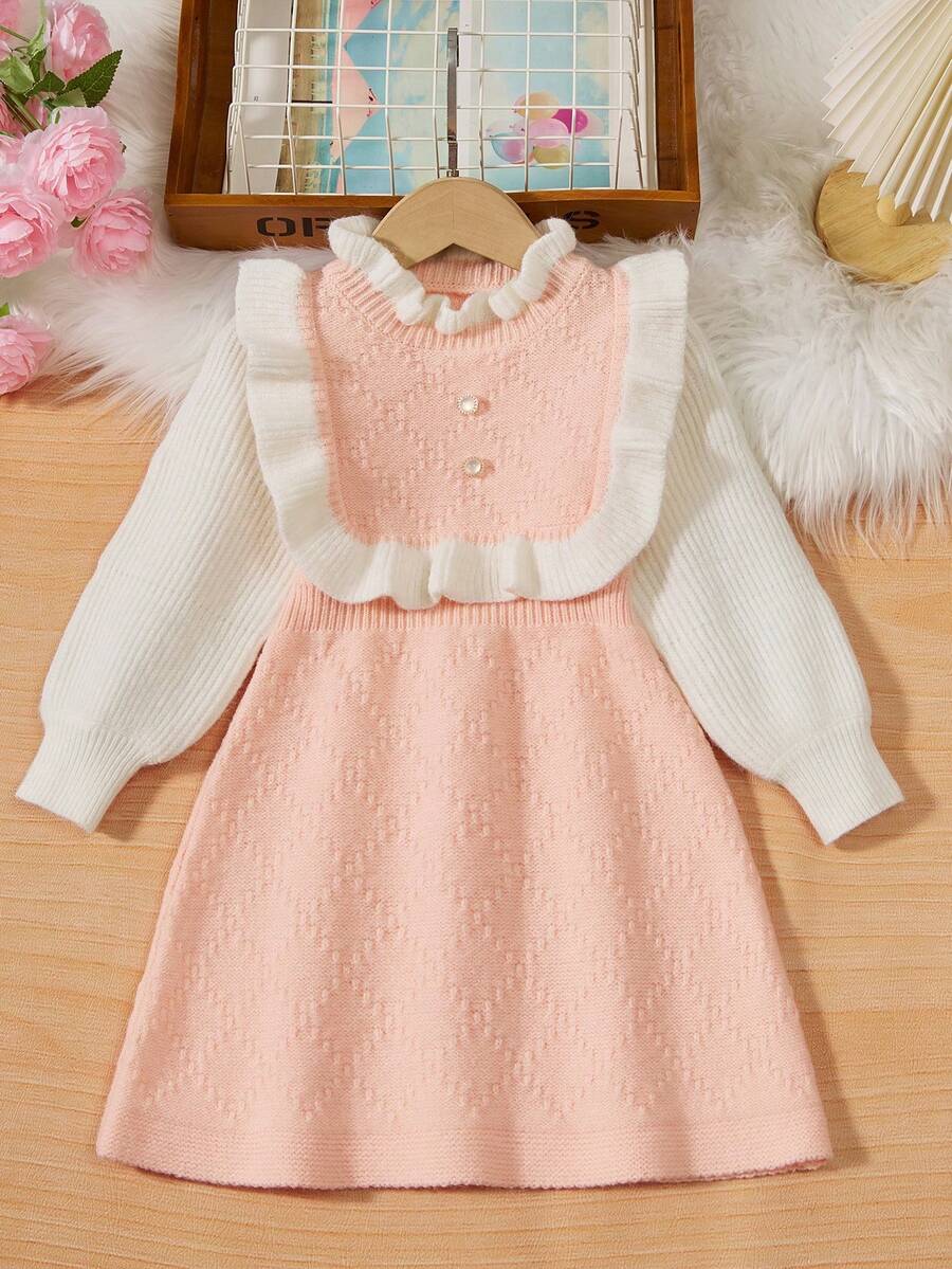 SHEIN 女童半高领撞色灯笼袖荷叶边毛衣连衣裙 - 粉色 - 查看 1