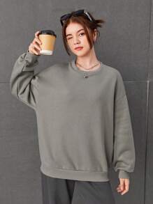 SHEIN 青少年女孩素色落肩袖運動衫 - 灰色 - 查看 6