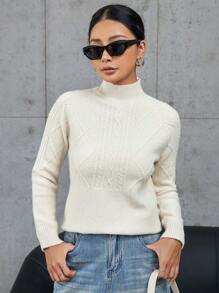 GENKIRA 立领纯色绞花针织女式长袖套头毛衣，秋冬款 - 米色 - 查看 3