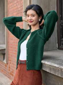 Dazy Star Solid Button Front Cardigan - Green - View 3