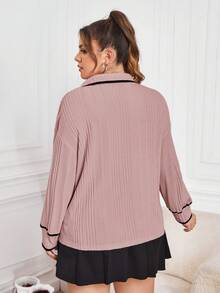 SHEIN Essnce Plus Size Women's Striped Edge Ribbed T-shirt - Purple - View 2