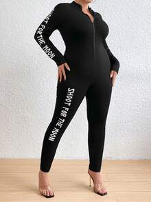 SHEIN Coolane 加大號標語圖形拉鍊連身跳傘服 - 黑色 - 查看 6