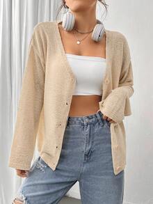 SHEIN Unity Áo len nữ trễ vai cài cúc thông thường và đa năng - Màu Khaki - Xem 3