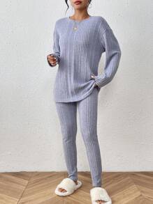 SHEIN Frenchy 女款下垂肩針織上衣和褲子套裝 - 霧霾藍 - 查看 5