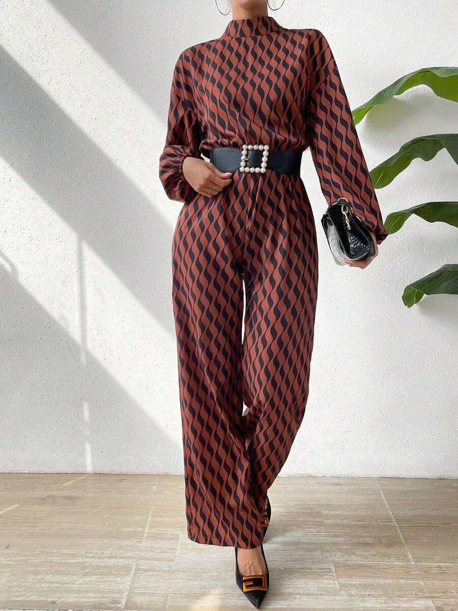 SHEIN Privé Monos Estampados Con Patrón Ondulado De Cuello Alto Para Mujeres, Hombros Caídos, Cinturón No Incluido - Caqui - Ver 1