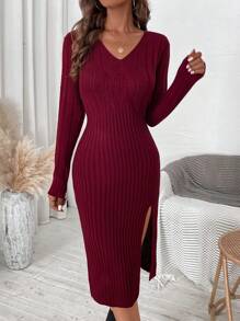 SHEIN Clasi Của phụ nữ Màu thuần Cổ chữ V Thon gọn Tách Áo len dệt kim Đầm - Màu Đỏ Sâu - Xem 1