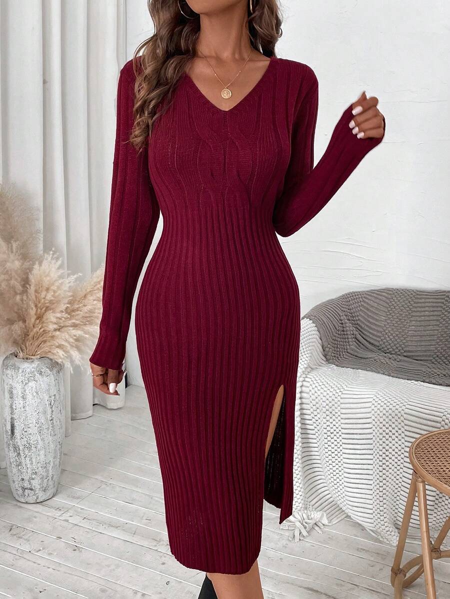 SHEIN Clasi Của phụ nữ Màu thuần Cổ chữ V Thon gọn Tách Áo len dệt kim Đầm - Màu Đỏ Sâu - Xem 1