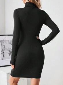 SHEIN Clasi Của phụ nữ Chất rắn Cổ cao Đầm - màu đen - Xem 2