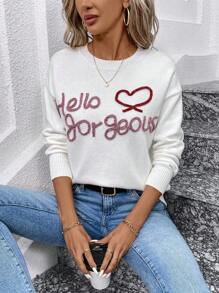 SHEIN LUNE Heart & Slogan Pattern Drop Shoulder Sweater - White - View 1