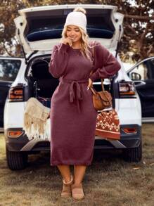 SHEIN LUNE Plus Size Solid Color Lantern Sleeve Sweater Dress With Belt Winter Fall Autumn - Burgundy - View 5