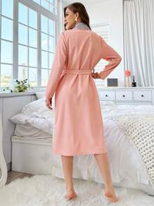 Của phụ nữ Khối màu Cổ bẻ Áo choàng tắm - Hồng - Xem 2