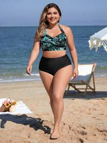 SHEIN Swim Curve 夏季海滩大码比基尼套装带吊带和叶子图案 - 彩色 - 查看 5