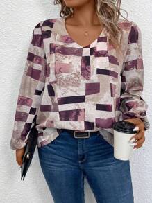 Calvaya Talla grande Blusa con estampado de retazo de manga farol