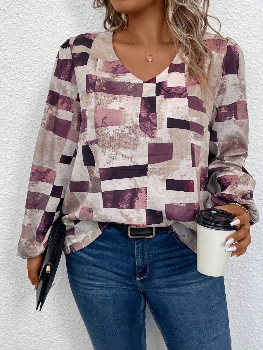 Calvaya Plus Patchwork Print Lantern Sleeve Blouse - Apricot - View 1