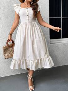 Flirla Vestido bohemio de verano para mujer con cuello cuadrado, volantes y dobladillo con volantes - Multicolor - Ver 7