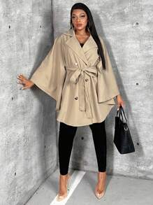 Slaydiva 大碼斗篷袖雙排釦腰帶披肩風衣外套 - 卡其色 - 查看 3