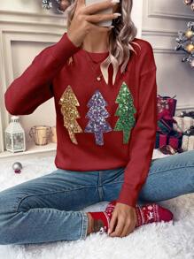 SHEIN LUNE Sequin Christmas Tree Pattern Drop Shoulder Knit Pullover Fall Winter Sweater - Red - View 3