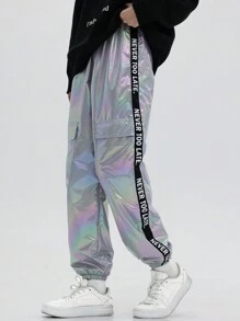 SHEIN Explorewe Girls' Text Printed Cargo Pants With Flap Pockets - Silver - View 1