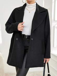 SHEIN Cottnline Lapel Neck Double Button Overcoat - Black - View 1