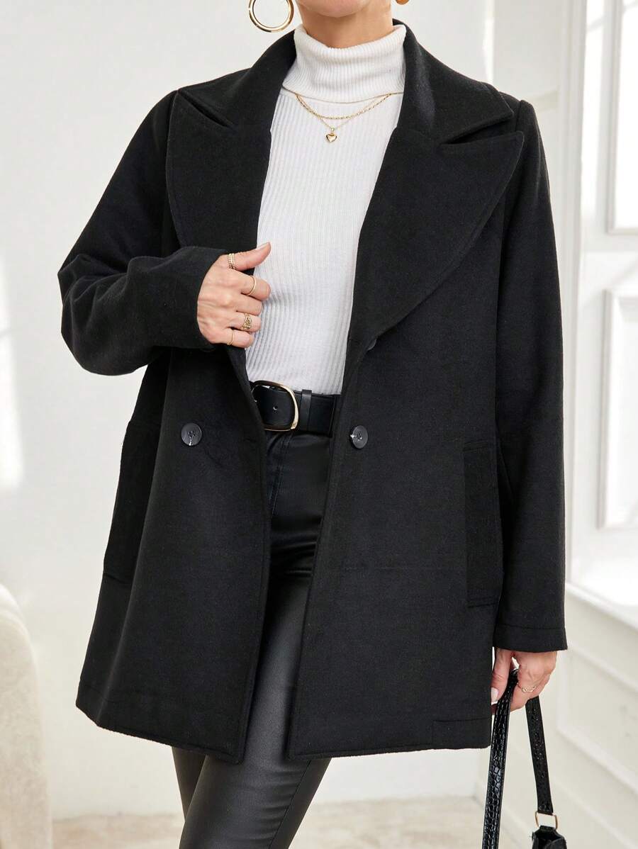 SHEIN Cottnline Lapel Neck Double Button Overcoat - Black - View 1
