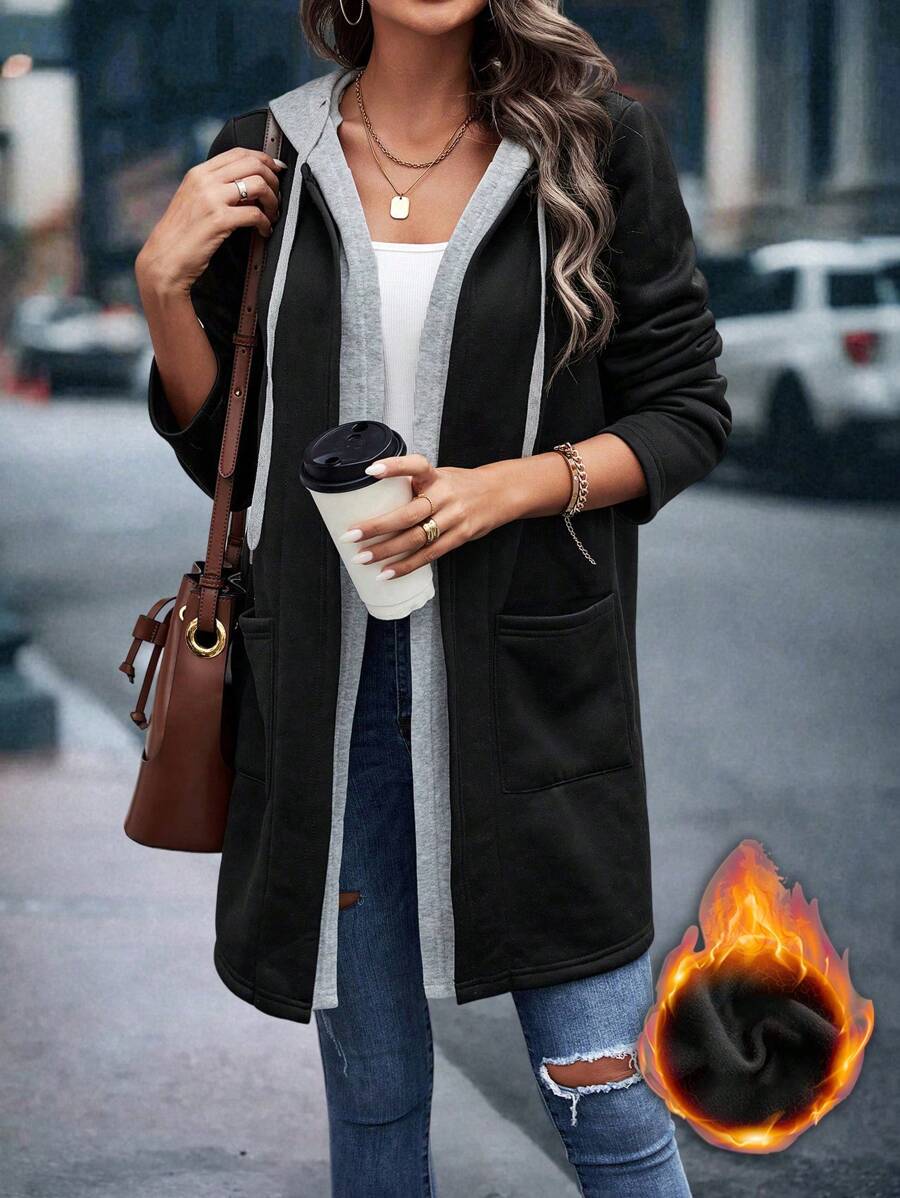 EMERY ROSE Double Pocket Drawstring Hoodie With Inner Detachable Warm Hooded Jacket Fall Winter Cloth For Women - Multicolor - View 1