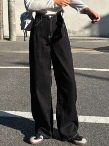 DAZY Slant Pocket Wide Leg Jeans - Black - View 3