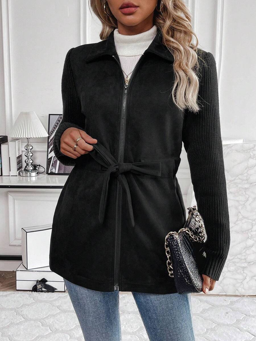 SHEIN Clasi Zip Up Belted Coat - Black - View 1