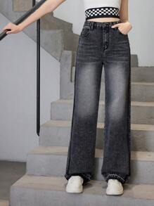 Tween Girls' Leisure Fashionable Vintage Frayed Straight Washing Jeans - Black - View 3
